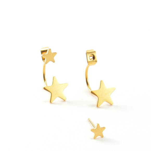 Gold Star Ear Jacket Earrings Small Cute Double - Picture 6 of 6